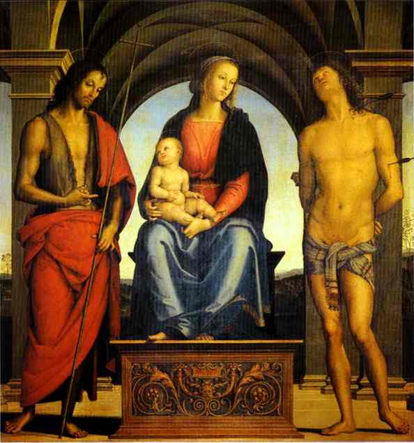 Wikioo.org - The Encyclopedia of Fine Arts - Painting, Artwork by Vannucci Pietro (Le Perugin) - Madonna and Child Enthroned with St. John the Baptist and St. Sebastian
