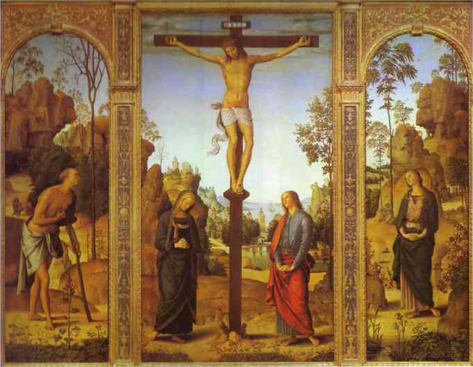 Wikioo.org - The Encyclopedia of Fine Arts - Painting, Artwork by Pietro Perugino (Pietro Vannucci) - The Crucifixion with the Virgin, St. John, St. Jerome and St. Mary Magdalene