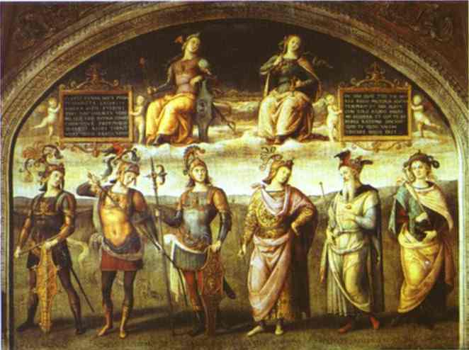 Wikioo.org - The Encyclopedia of Fine Arts - Painting, Artwork by Vannucci Pietro (Le Perugin) - The Fortitude and Temperance with Six Antique Heroes