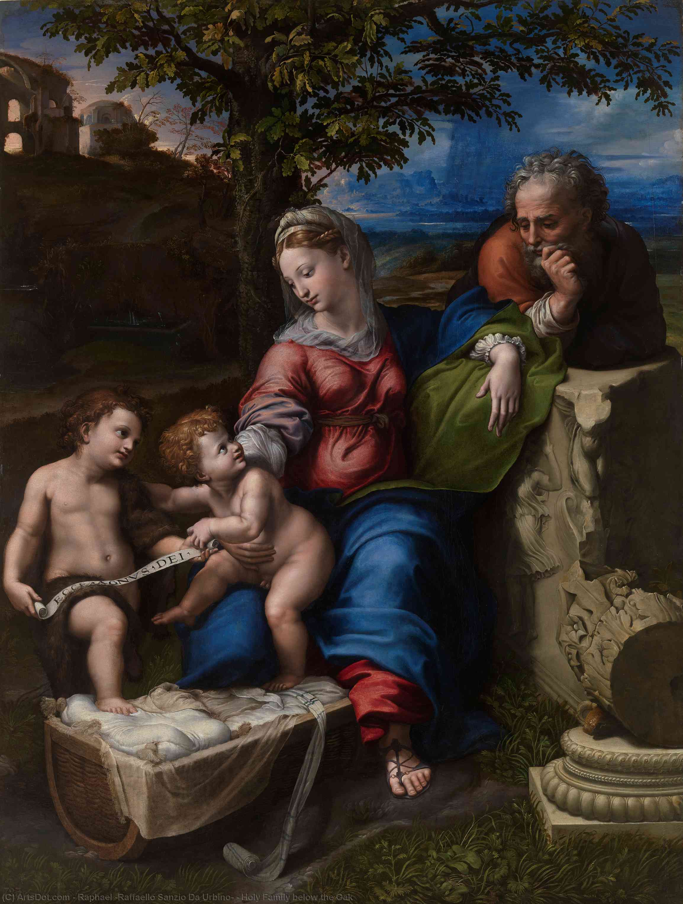 Wikioo.org – La Enciclopedia de las Bellas Artes - Pintura, Obras de arte de Raphael (Raffaello Sanzio Da Urbino) - santa familia abajo el roble