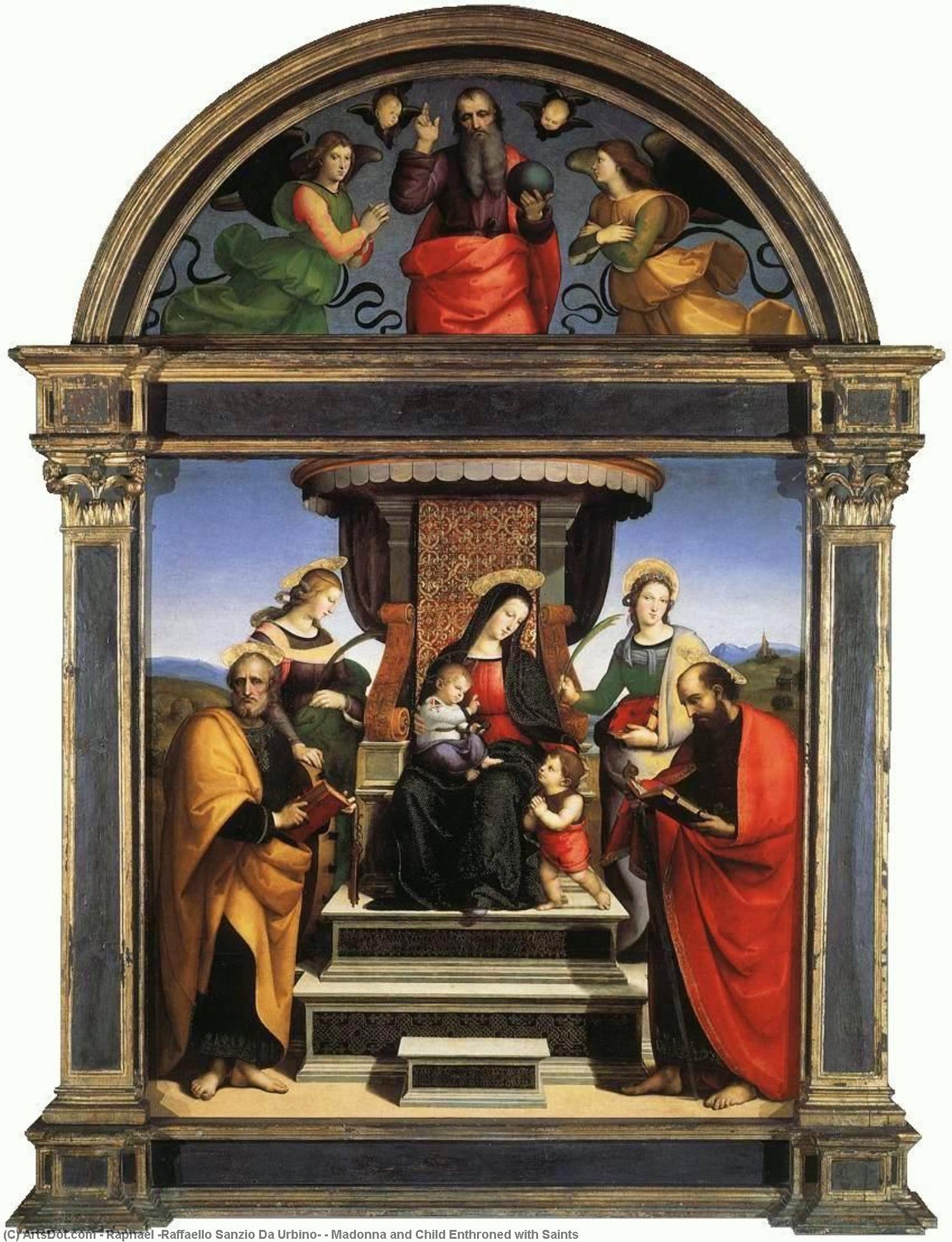 Wikoo.org - موسوعة الفنون الجميلة - اللوحة، العمل الفني Raphael (Raffaello Sanzio Da Urbino) - Madonna and Child Enthroned with Saints