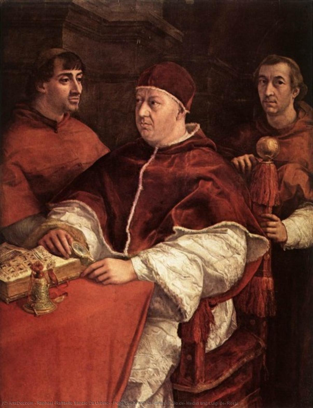 WikiOO.org - Encyclopedia of Fine Arts - Maľba, Artwork Raphael (Raffaello Sanzio Da Urbino) - Pope Leo X with Cardinals Giulio de' Medici and Luigi de' Rossi