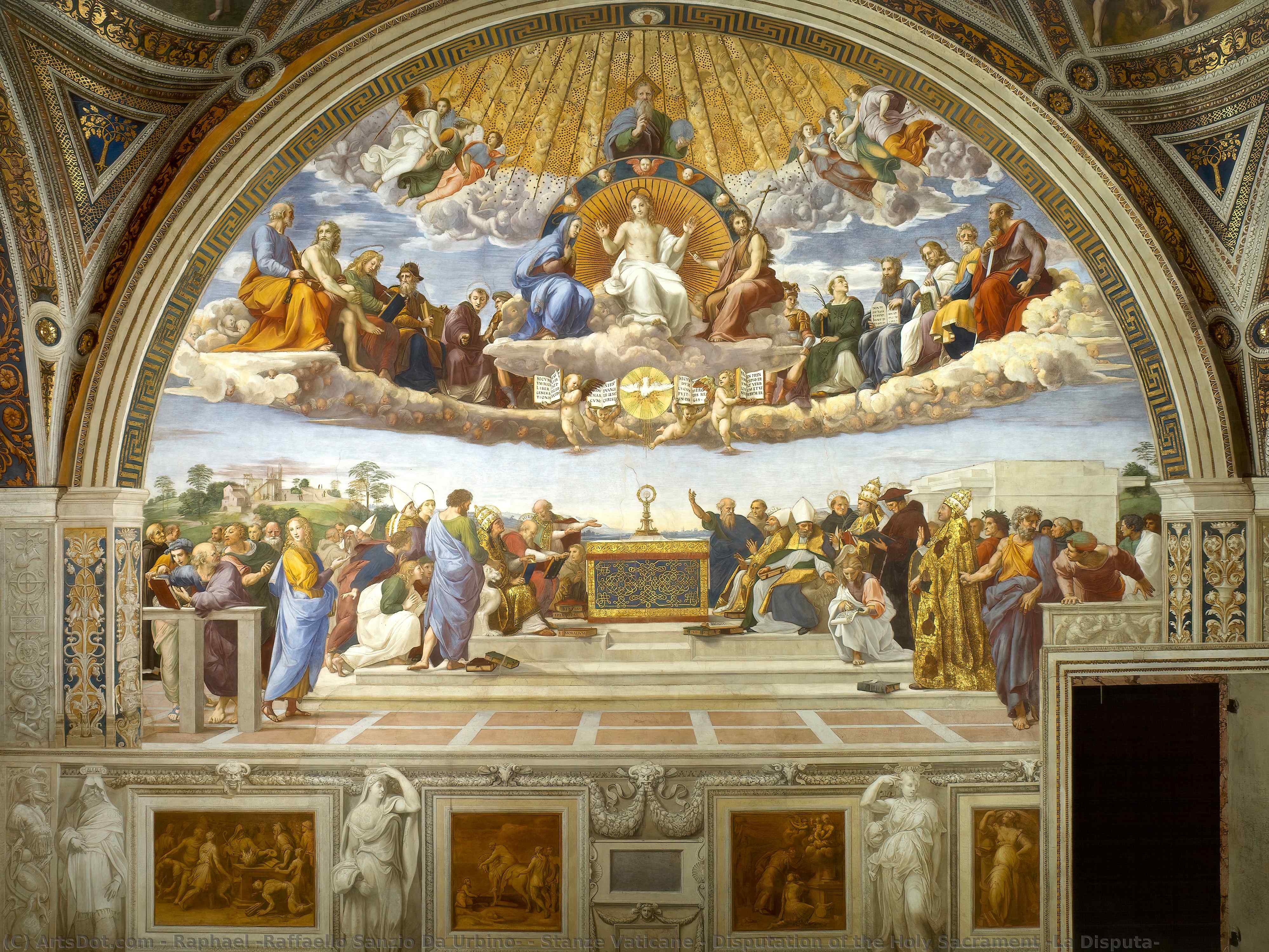 Wikoo.org - موسوعة الفنون الجميلة - اللوحة، العمل الفني Raphael (Raffaello Sanzio Da Urbino) - Stanze Vaticane - Disputation of the Holy Sacrament (La Disputa)