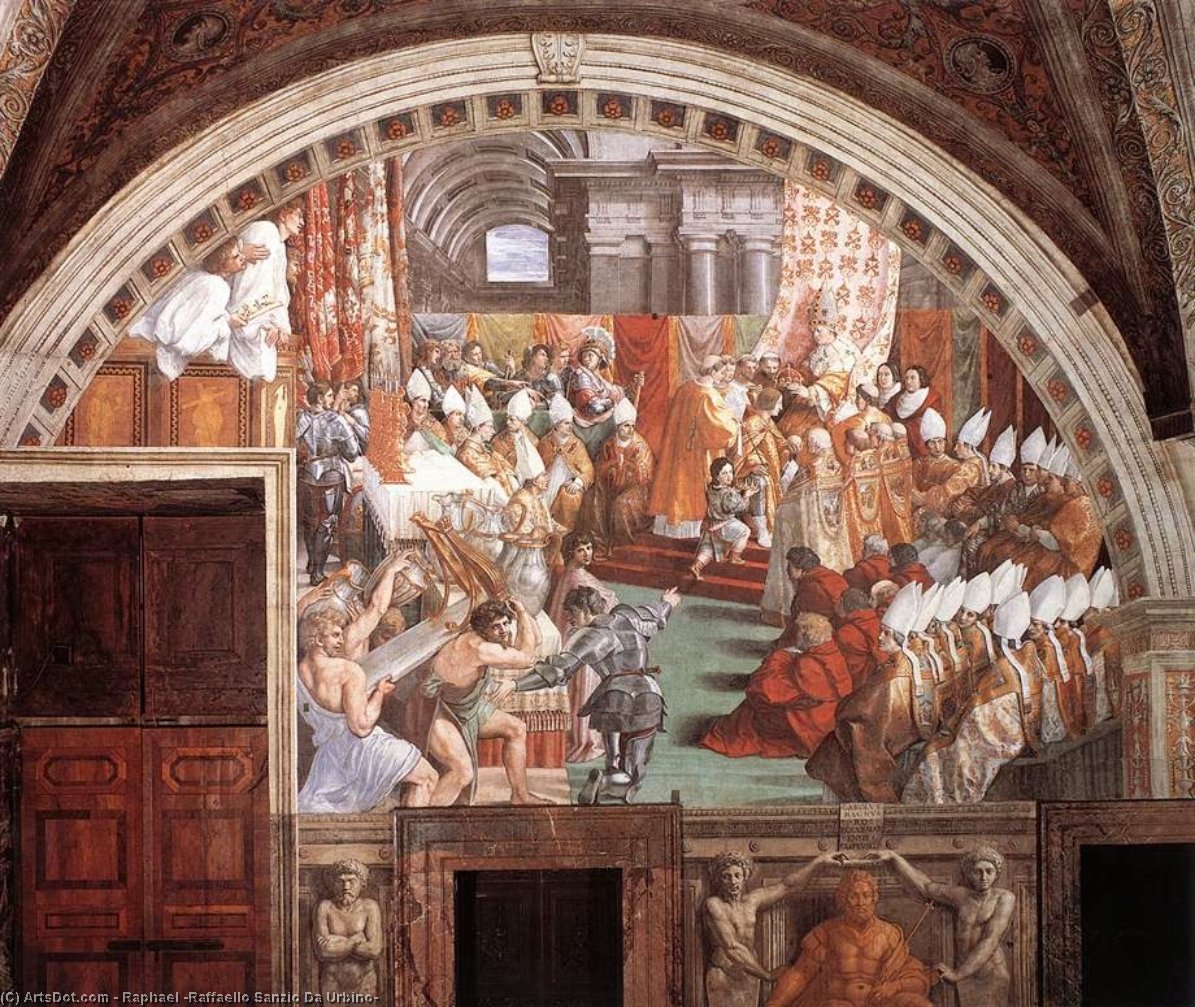 Wikioo.org – La Enciclopedia de las Bellas Artes - Pintura, Obras de arte de Raphael (Raffaello Sanzio Da Urbino) - Habitaciones disponibles Vaticane - la coronación de carlomagno