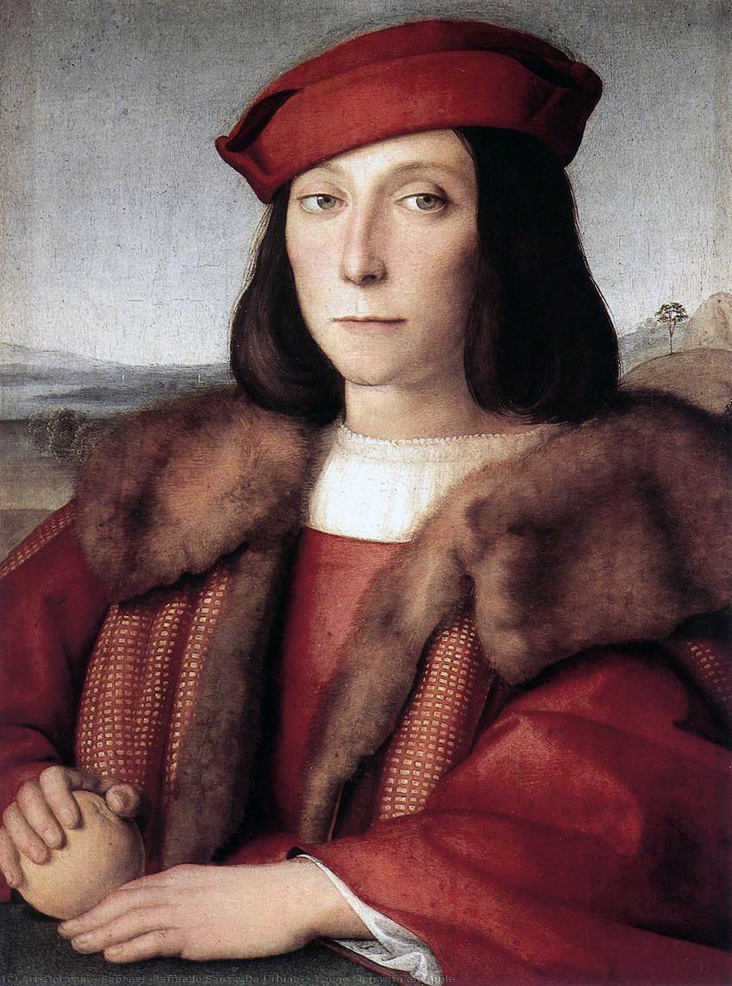 Wikioo.org – La Enciclopedia de las Bellas Artes - Pintura, Obras de arte de Raphael (Raffaello Sanzio Da Urbino) - hombre joven con una manzana