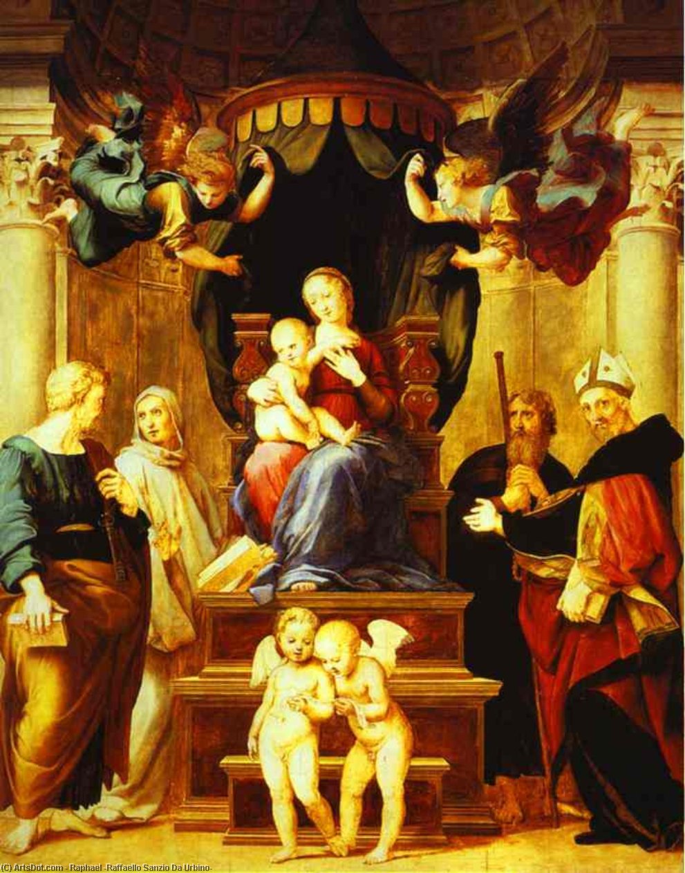 Wikoo.org - موسوعة الفنون الجميلة - اللوحة، العمل الفني Raphael (Raffaello Sanzio Da Urbino) - Madonna with the Baldachino