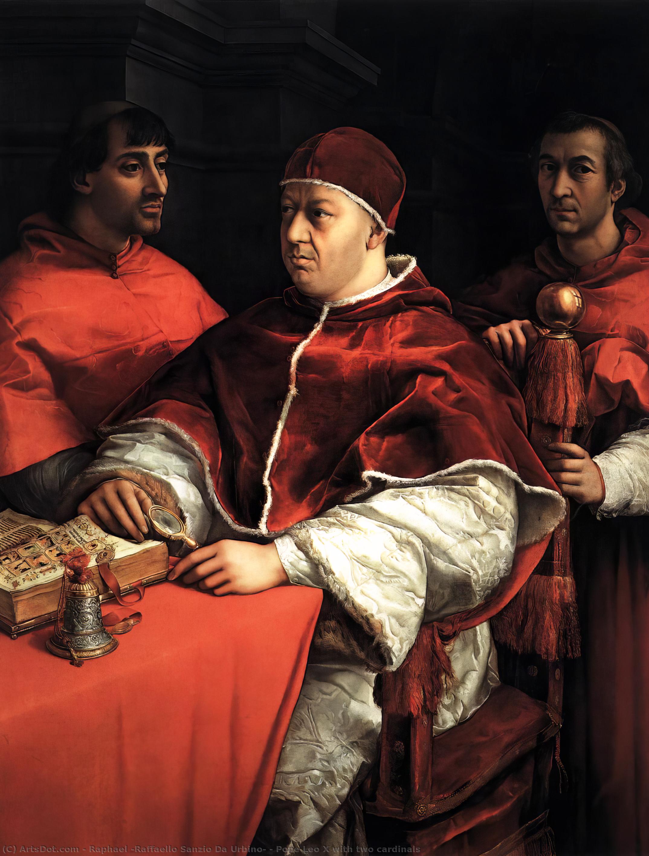 Wikioo.org - สารานุกรมวิจิตรศิลป์ - จิตรกรรม Raphael (Raffaello Sanzio Da Urbino) - Portrait of Pope Leo X with Cardinals Giulio de' Medici and Luigi de' Rossi