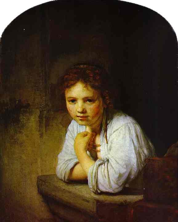 Wikioo.org – La Enciclopedia de las Bellas Artes - Pintura, Obras de arte de Rembrandt Van Rijn - una niña recostada en un Window-Sill