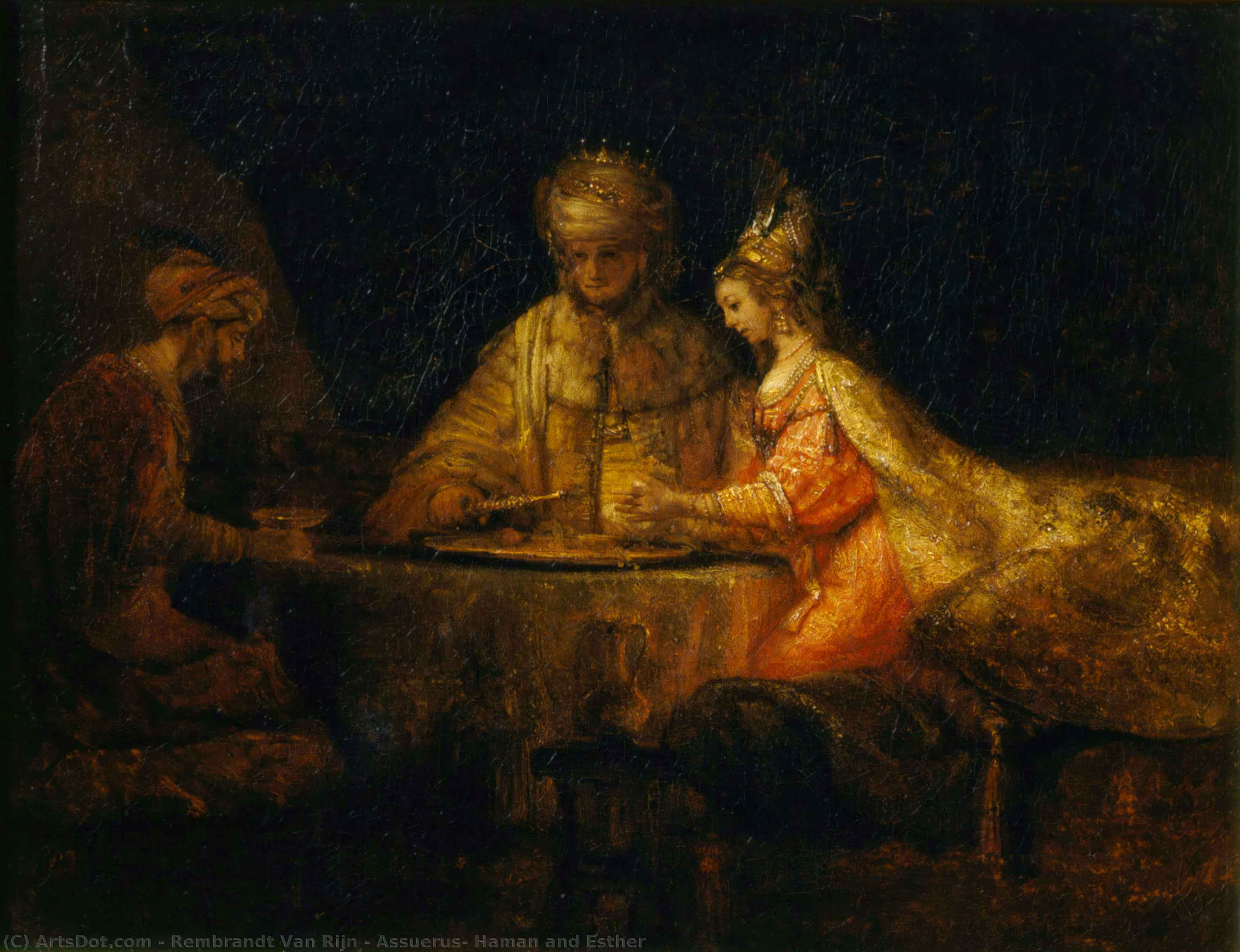Wikioo.org - Bách khoa toàn thư về mỹ thuật - Vẽ tranh, Tác phẩm nghệ thuật Rembrandt Van Rijn - Assuerus, Haman and Esther