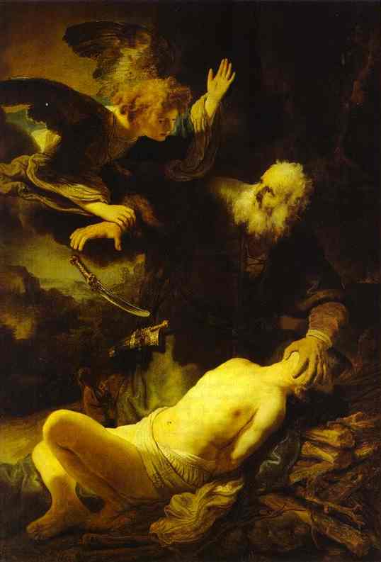 WikiOO.org - Encyclopedia of Fine Arts - Schilderen, Artwork Rembrandt Van Rijn - The Angel Stopping Abraham from Sacrificing Isaac to God