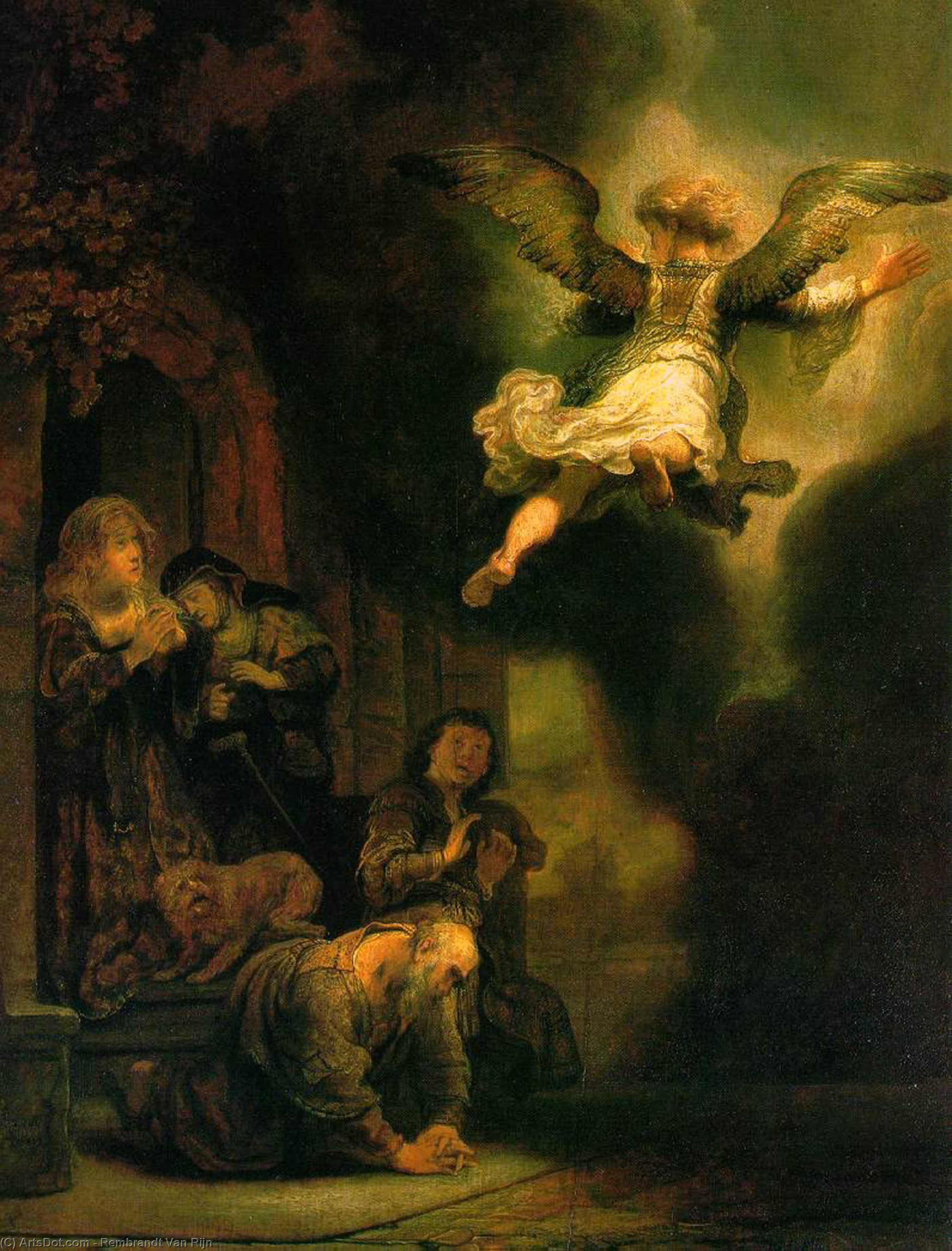 Wikioo.org - Bách khoa toàn thư về mỹ thuật - Vẽ tranh, Tác phẩm nghệ thuật Rembrandt Van Rijn - The Archangel Leaving the Family of Tob