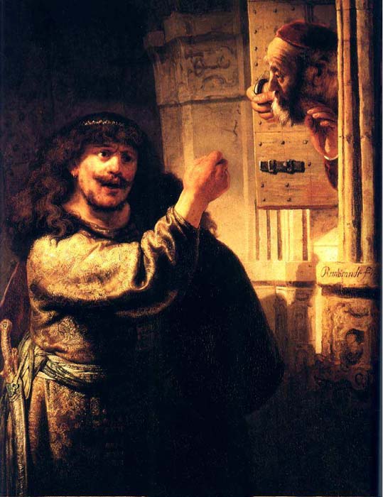 Wikioo.org - Die Enzyklopädie bildender Kunst - Malerei, Kunstwerk von Rembrandt Van Rijn - samson menacant sohn beau pere , berlin