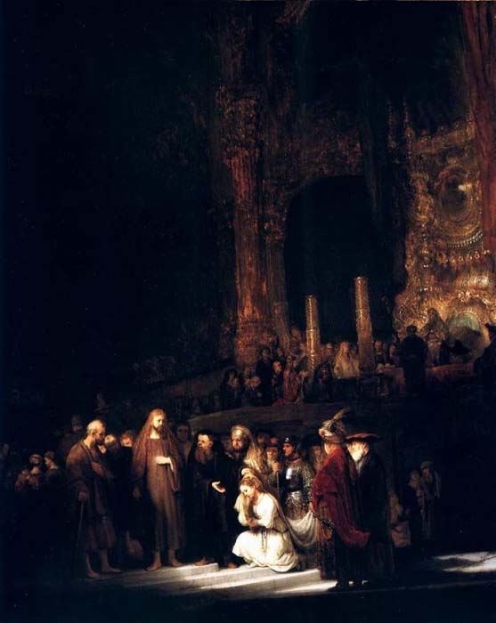 Wikioo.org – La Enciclopedia de las Bellas Artes - Pintura, Obras de arte de Rembrandt Van Rijn - Le Cristo Et La femme adultère , londres Gn