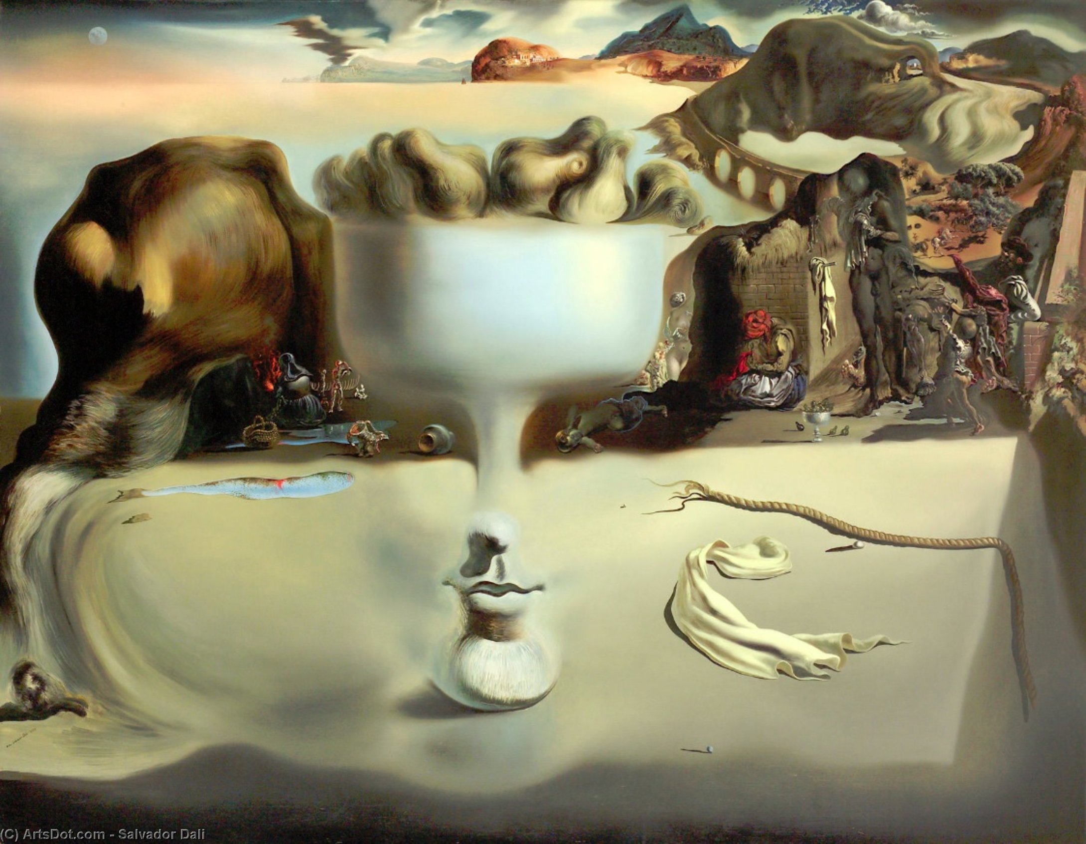 Wikioo.org – L'Enciclopedia delle Belle Arti - Pittura, Opere di Salvador Dali - apparizione di viso e vaso sulla spiaggia