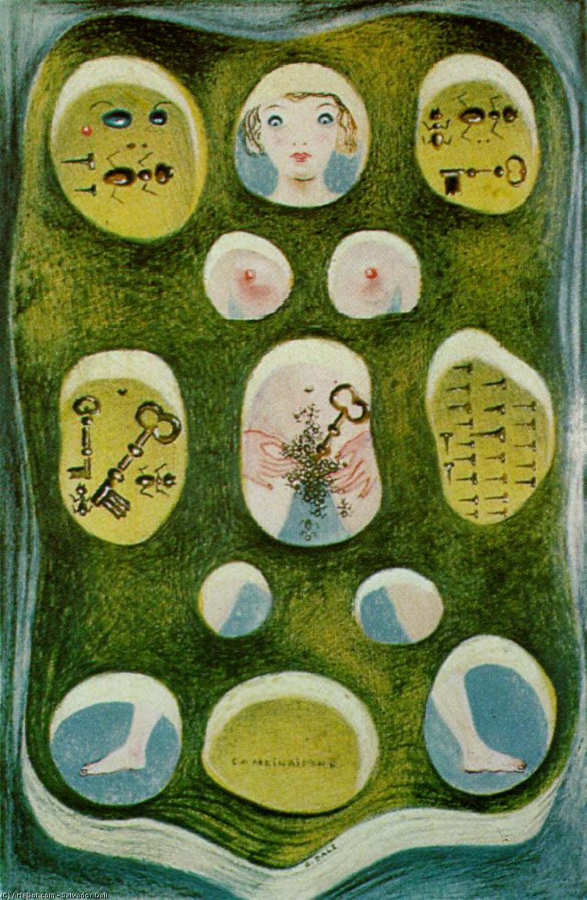 Wikioo.org - The Encyclopedia of Fine Arts - Painting, Artwork by Salvador Dali - Combinations (or The Combined DalHnian Phantasms, Ants, Keys, Nails), 1931