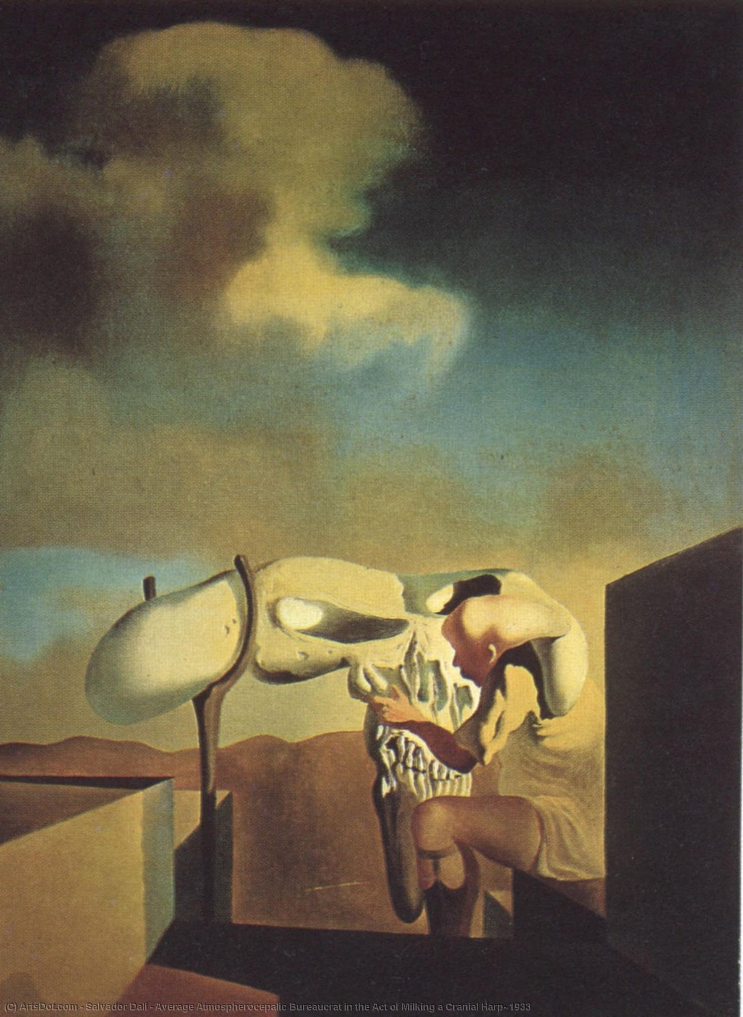 Wikioo.org – La Enciclopedia de las Bellas Artes - Pintura, Obras de arte de Salvador Dali - promedio burócrata atmospherocepalic en el acta de ordeño un arpa craneal , 1933