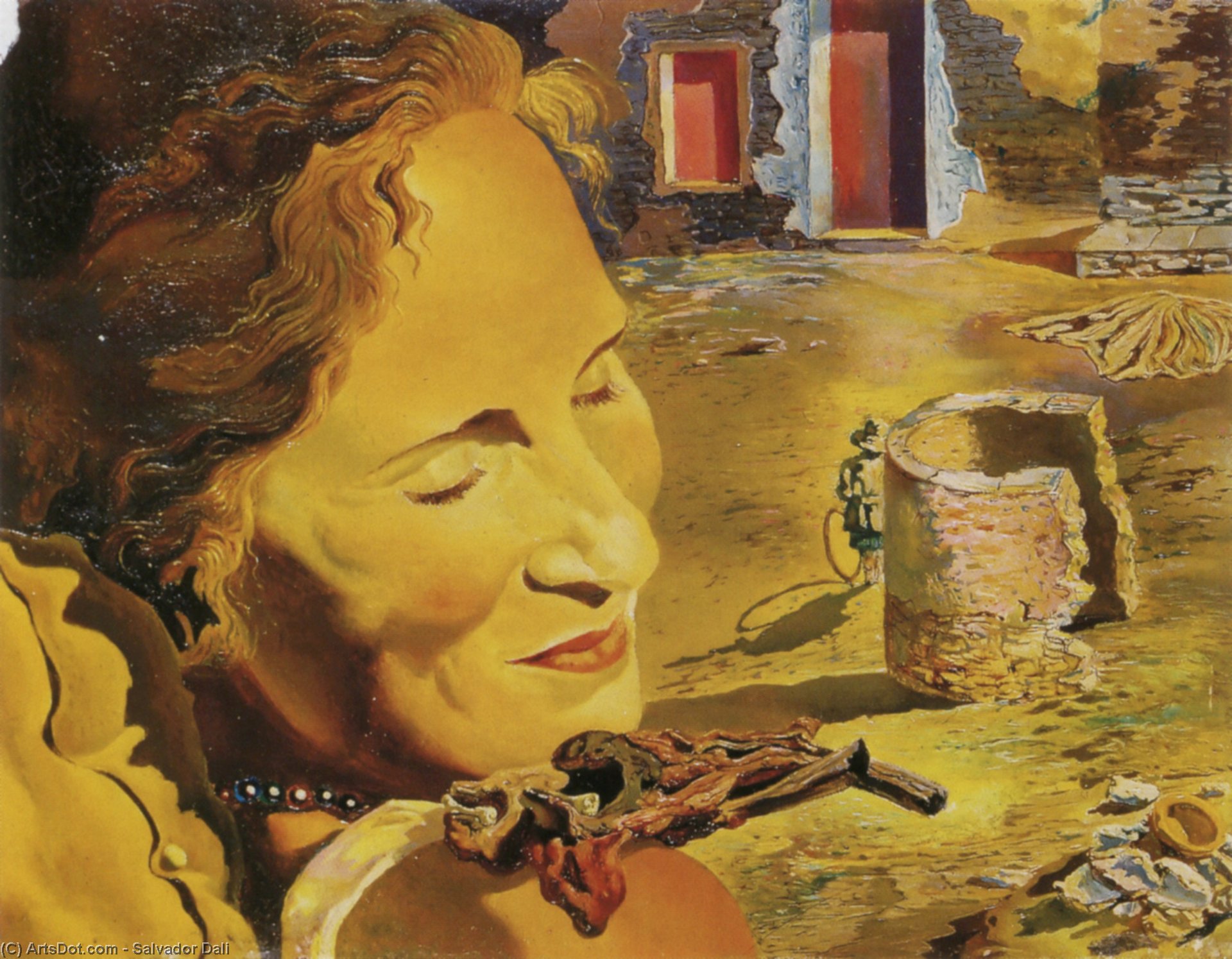 Wikioo.org - Die Enzyklopädie bildender Kunst - Malerei, Kunstwerk von Salvador Dali - Porträt von Galaveranstaltung mit zwei Lamm Koteletten Ausgewogen auf ihre schulter , 1933