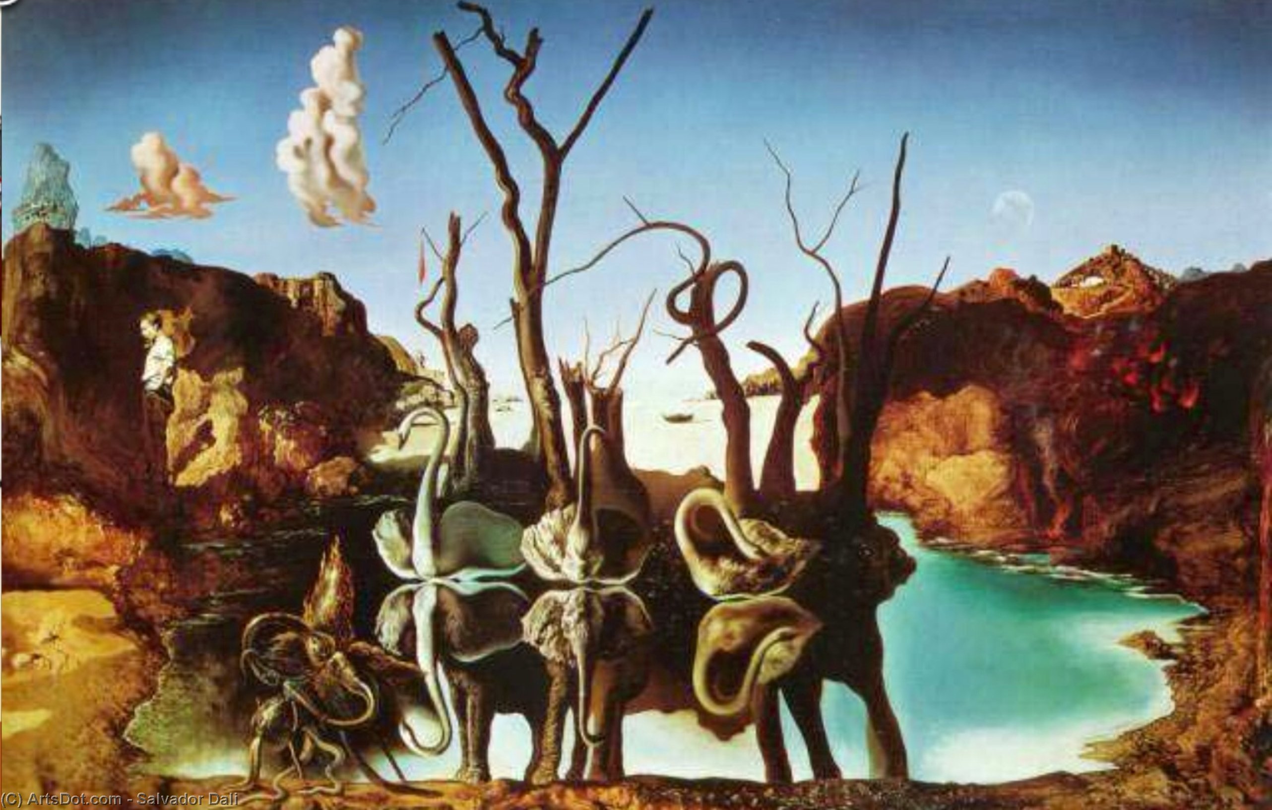 Wikoo.org - موسوعة الفنون الجميلة - اللوحة، العمل الفني Salvador Dali - Swans Reflecting Elephants, 1937
