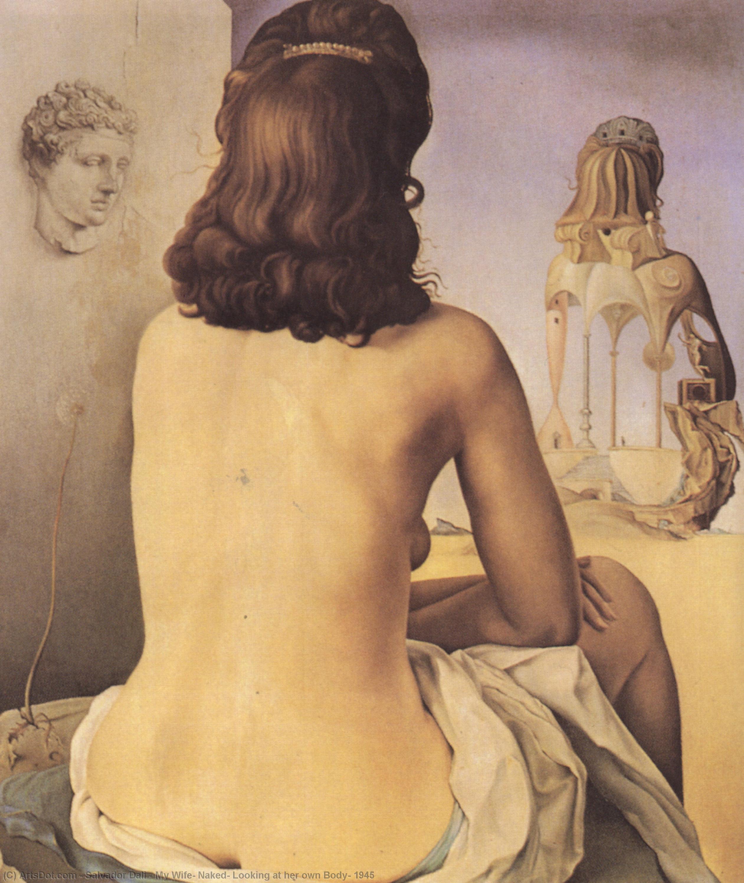 Wikioo.org – La Enciclopedia de las Bellas Artes - Pintura, Obras de arte de Salvador Dali - mi esposa , Desnudo , buscando a ella propio cuerpo , 1945