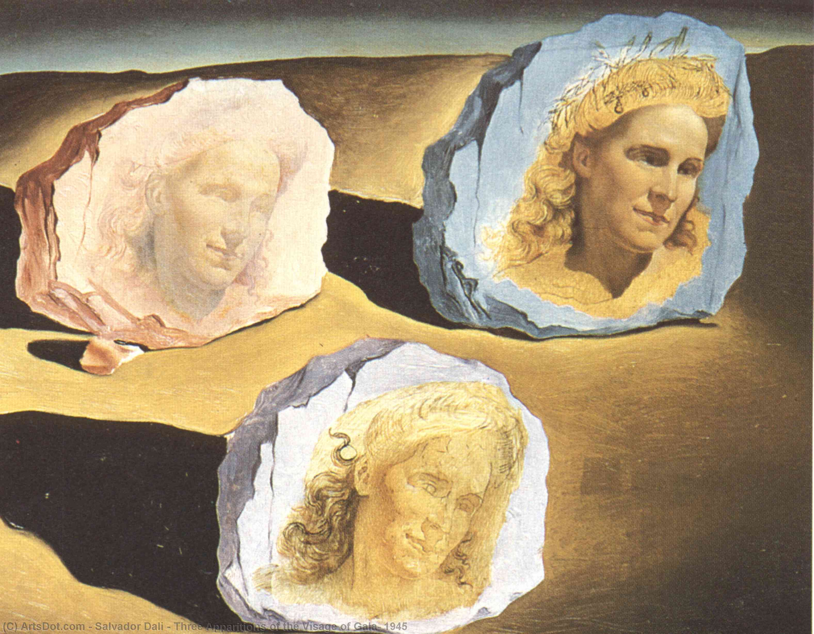 Wikioo.org - Bách khoa toàn thư về mỹ thuật - Vẽ tranh, Tác phẩm nghệ thuật Salvador Dali - Three Apparitions of the Visage of Gala, 1945