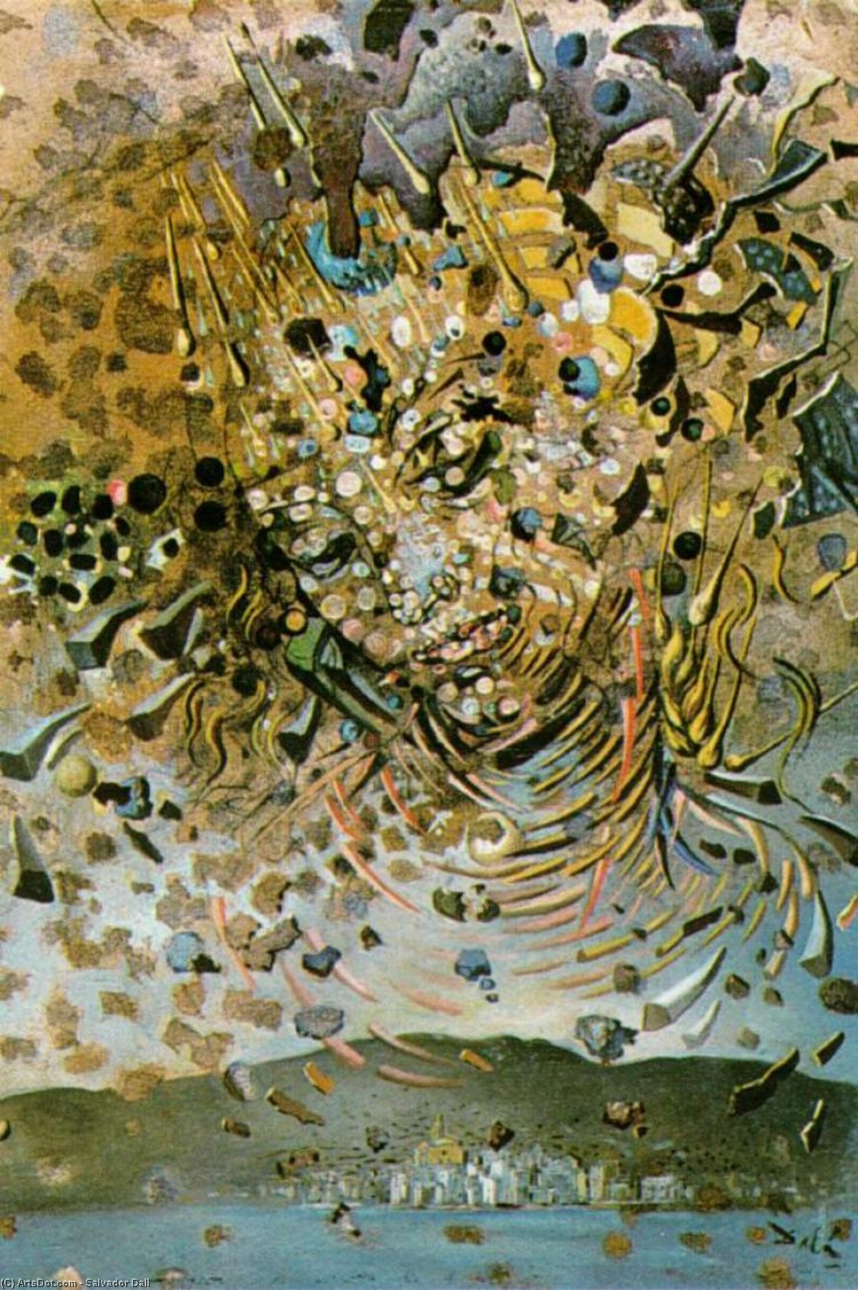 Wikioo.org – L'Encyclopédie des Beaux Arts - Peinture, Oeuvre de Salvador Dali - chef bombardés avec des grains de blé ( particules tête sur le village de cadaquns ) , 1954