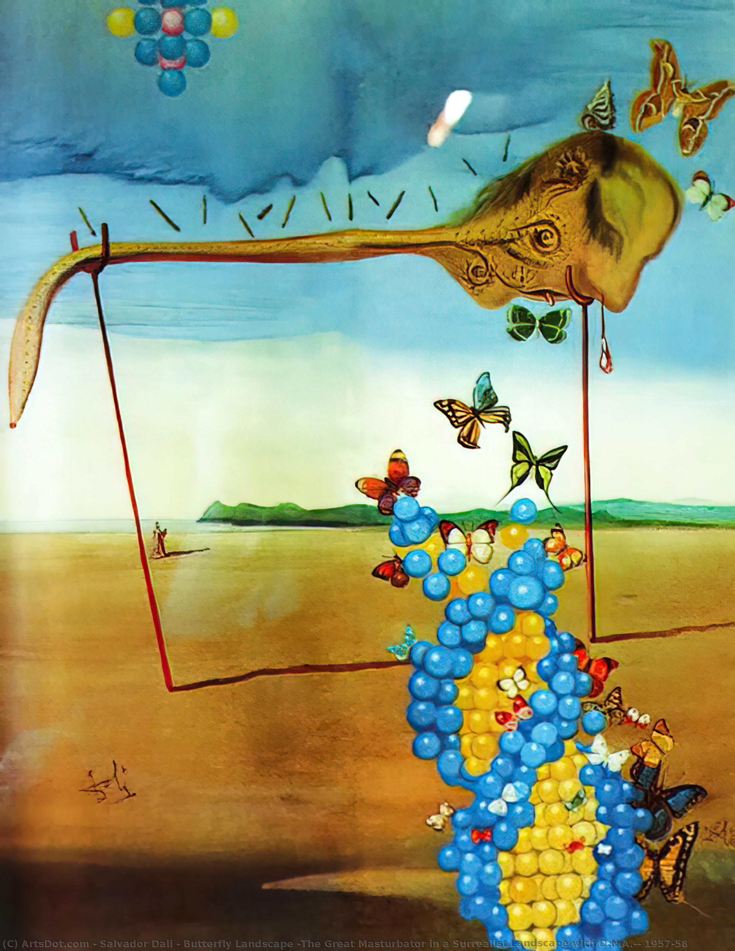 WikiOO.org - Encyclopedia of Fine Arts - Målning, konstverk Salvador Dali - Butterfly Landscape (The Great Masturbator in a Surrealist Landscape with D.N.A.), 1957-58