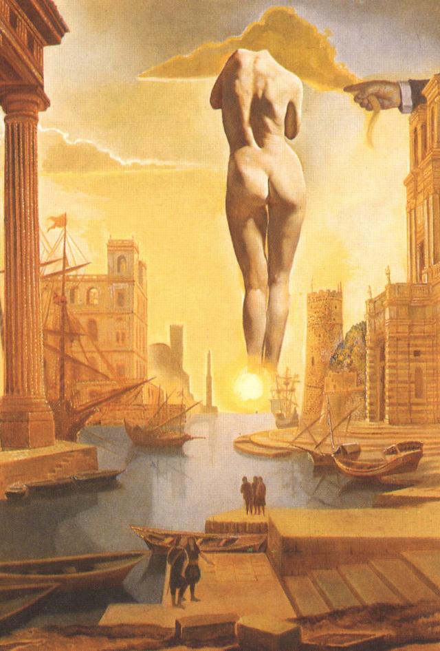 WikiOO.org - Encyclopedia of Fine Arts - Maleri, Artwork Salvador Dali - DalH's Hand Drawing Back the Golden Fleece in the Form of a Cloud to Show Gala the Dawn, Completely Nude, Very, Very Far Away Behind the Sun (stereoscopic work, right component), 1977