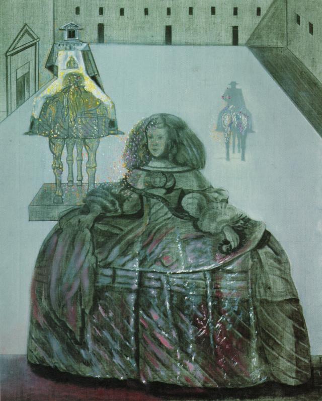 Wikioo.org - The Encyclopedia of Fine Arts - Painting, Artwork by Salvador Dali - The Infanta Margarita of Velazquez Appearing in the Silhouette of Horsemen in the Courtyard of the Escorial, 1982