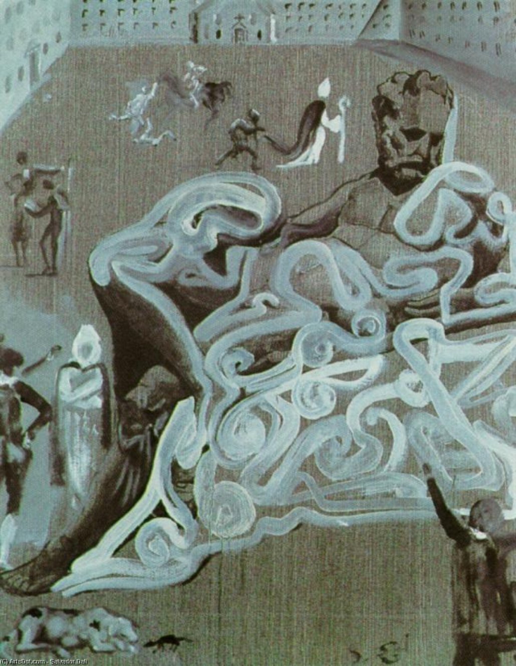 Wikioo.org - The Encyclopedia of Fine Arts - Painting, Artwork by Salvador Dali - Scene in the Courtyard of the Escorial with a Figure in the Foreground Inspired by Michelangelo's 'Evening' on the Tomb of Lorenzo di Medici, 1982