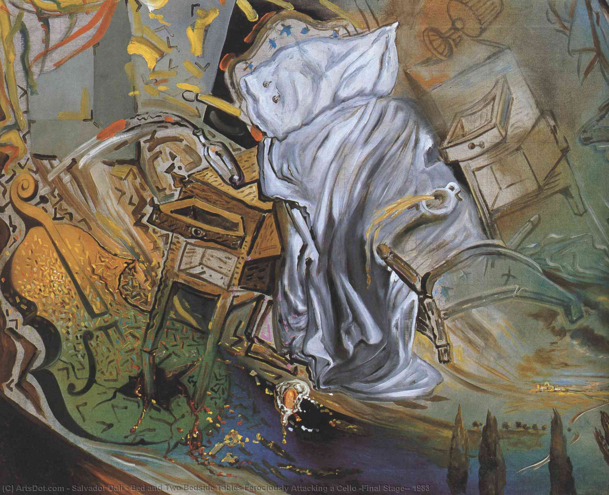 WikiOO.org - Enciclopédia das Belas Artes - Pintura, Arte por Salvador Dali - Bed and Two Bedside Tables Ferociously Attacking a Cello (Final Stage), 1983