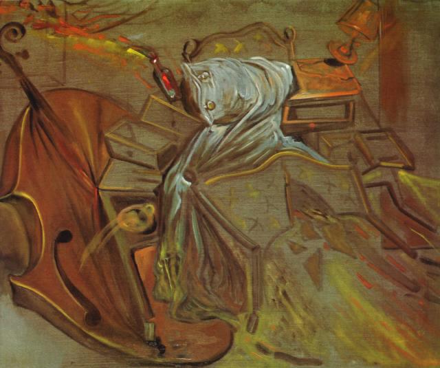 Wikioo.org – La Enciclopedia de las Bellas Artes - Pintura, Obras de arte de Salvador Dali - cama y dos mesitas de noche ferozmente atacar a un violonchelo , 1983