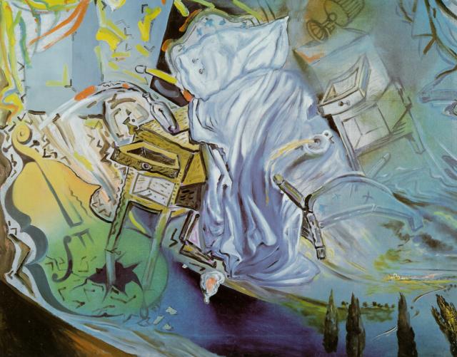 Wikioo.org - Die Enzyklopädie bildender Kunst - Malerei, Kunstwerk von Salvador Dali - bett und zwei nachttische ferociously angriff auf ein cello ( letzte staat ) , 1983