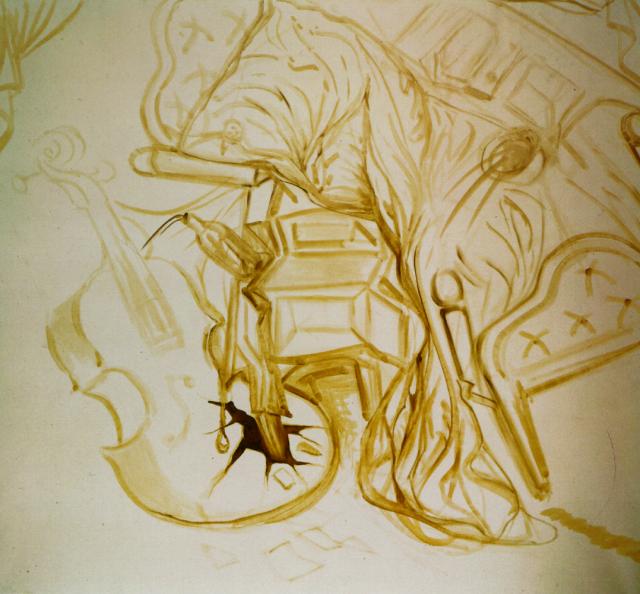WikiOO.org - 百科事典 - 絵画、アートワーク Salvador Dali - ベッド そして、ベッドサイド テーブル どう猛に 攻撃 a チェロ , 1983