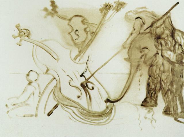 Wikioo.org - The Encyclopedia of Fine Arts - Painting, Artwork by Salvador Dali - Warrior Mounted on an Elephant Overpowering a Cello, 1983