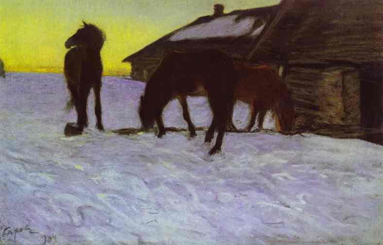 Wikioo.org - The Encyclopedia of Fine Arts - Painting, Artwork by Valentin Alexandrovich Serov - Colts at Watering-Place. Domotcanovo