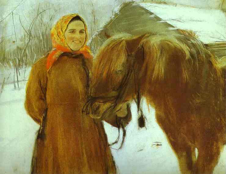 Wikioo.org – L'Enciclopedia delle Belle Arti - Pittura, Opere di Valentin Alexandrovich Serov - In un villaggio contadino  donna  con  Un  cavallo