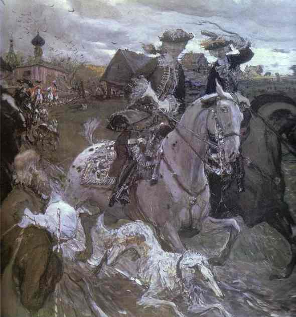 Wikioo.org - The Encyclopedia of Fine Arts - Painting, Artwork by Valentin Alexandrovich Serov - Peter II and Princess Elizabeth Petrovna Riding to Hounds