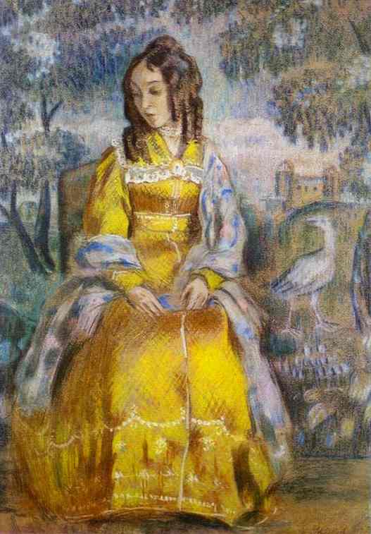 WikiOO.org - 백과 사전 - 회화, 삽화 Viktor Elpidiforovich Borisov Musatov - Lady Seated, with a Tapestry in the Background