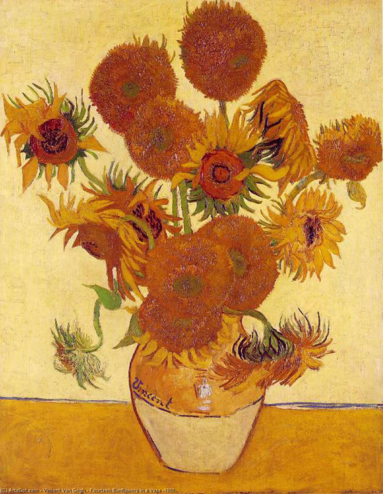 Wikoo.org - موسوعة الفنون الجميلة - اللوحة، العمل الفني Vincent Van Gogh - Fourteen Sunflowers in a Vase [1888]