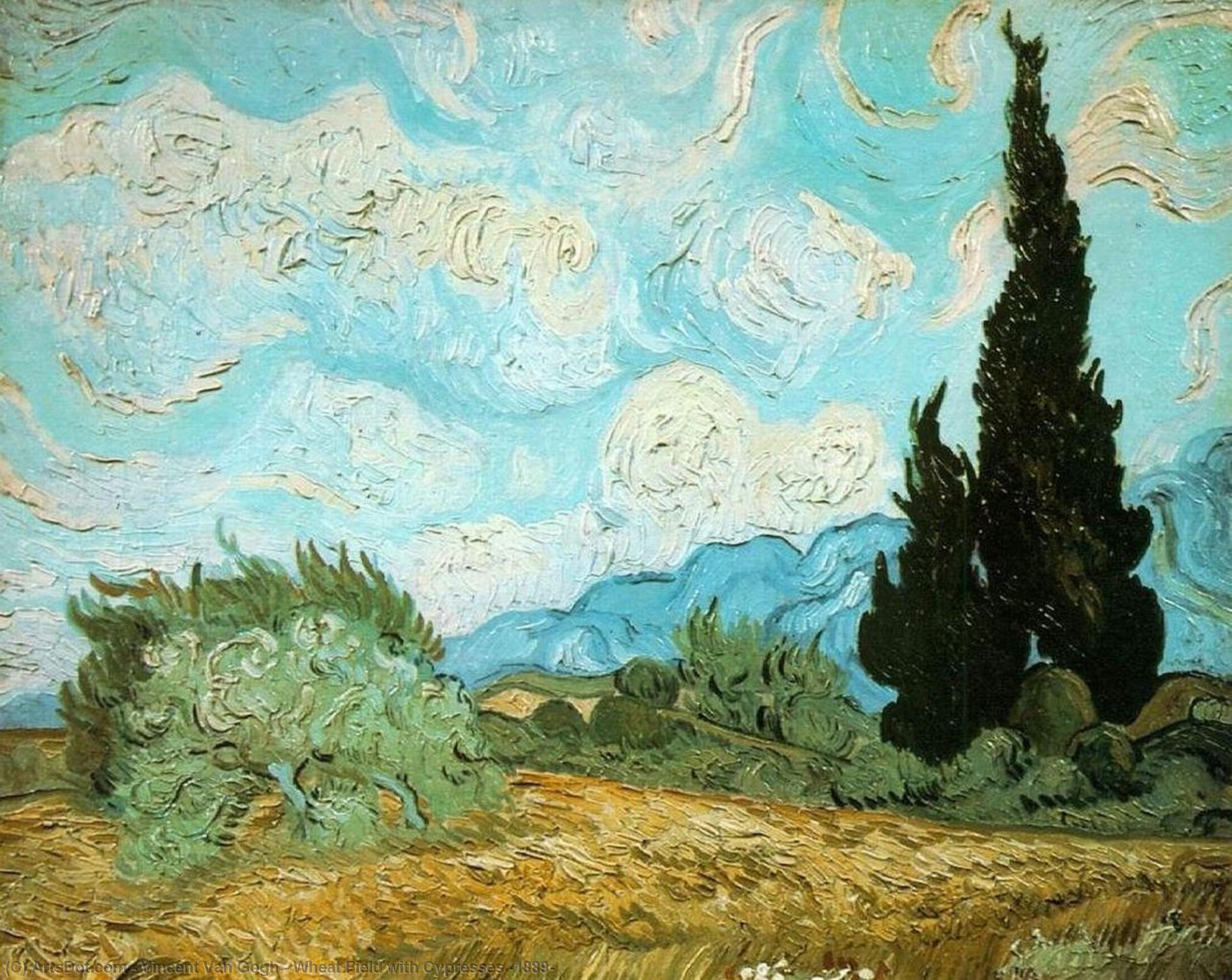 WikiOO.org - Encyclopedia of Fine Arts - Maleri, Artwork Vincent Van Gogh - Wheat Field with Cypresses [1889]