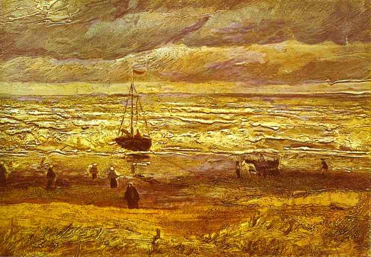 Wikioo.org – La Enciclopedia de las Bellas Artes - Pintura, Obras de arte de Vincent Van Gogh - playa con figuras y mar con un nave