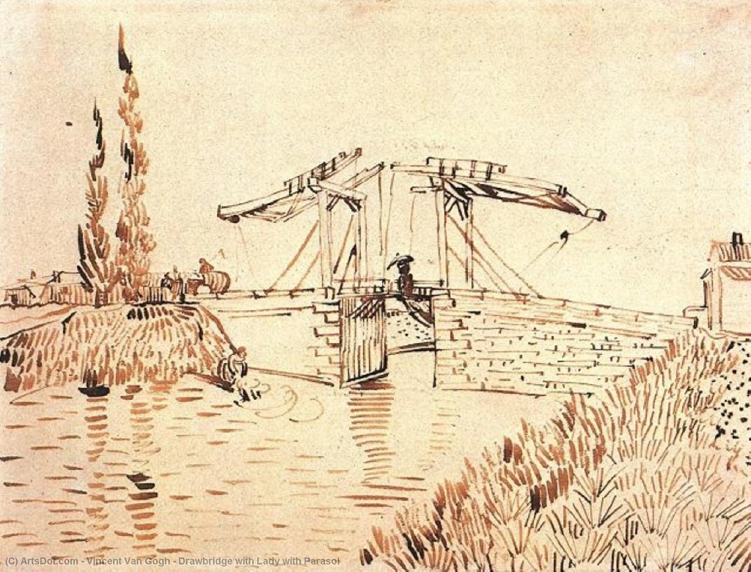 Wikioo.org - Bách khoa toàn thư về mỹ thuật - Vẽ tranh, Tác phẩm nghệ thuật Vincent Van Gogh - Drawbridge with Lady with Parasol