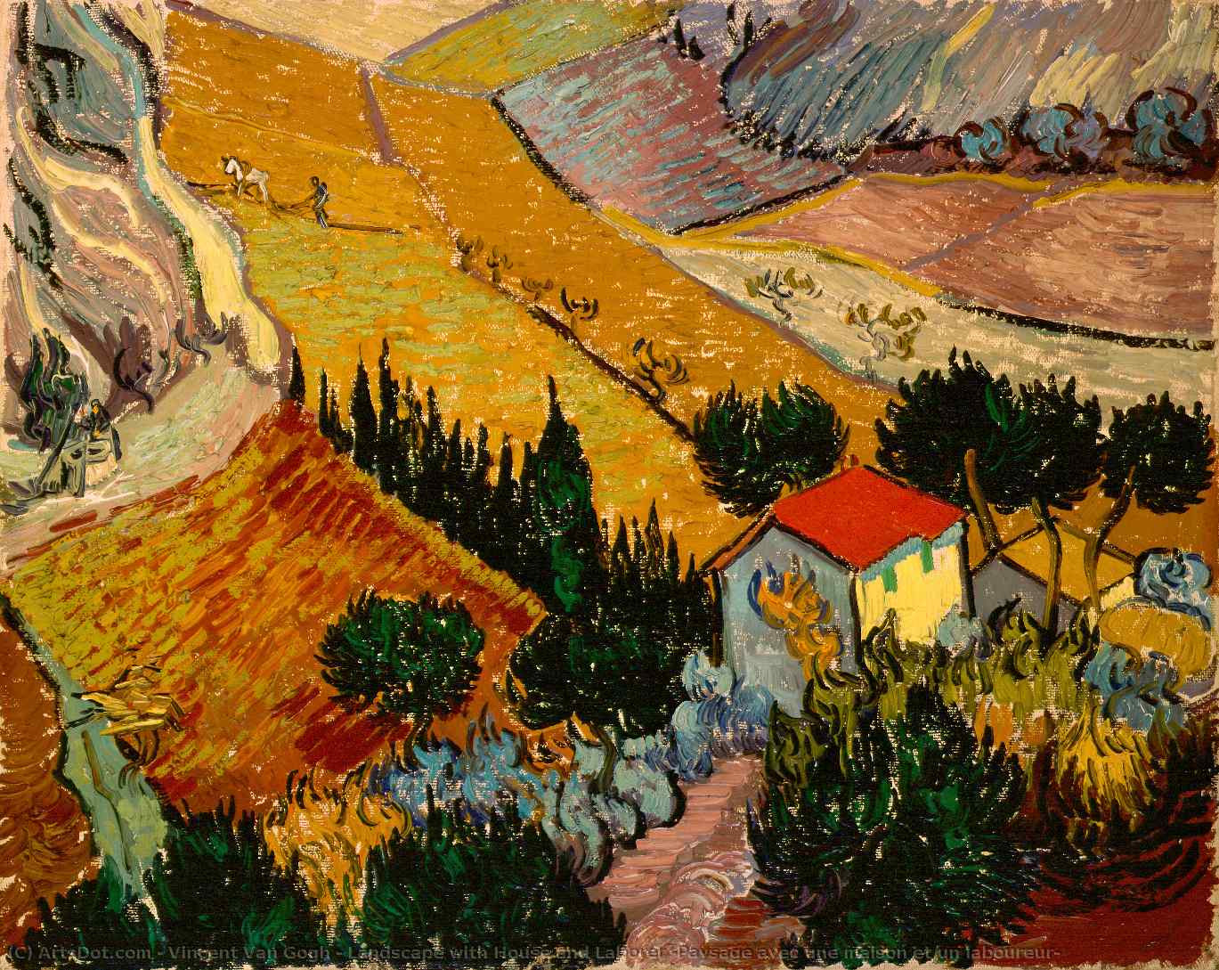 WikiOO.org - Encyclopedia of Fine Arts - Maleri, Artwork Vincent Van Gogh - Landscape with House and Laborer (Paysage avec une maison et un laboureur)
