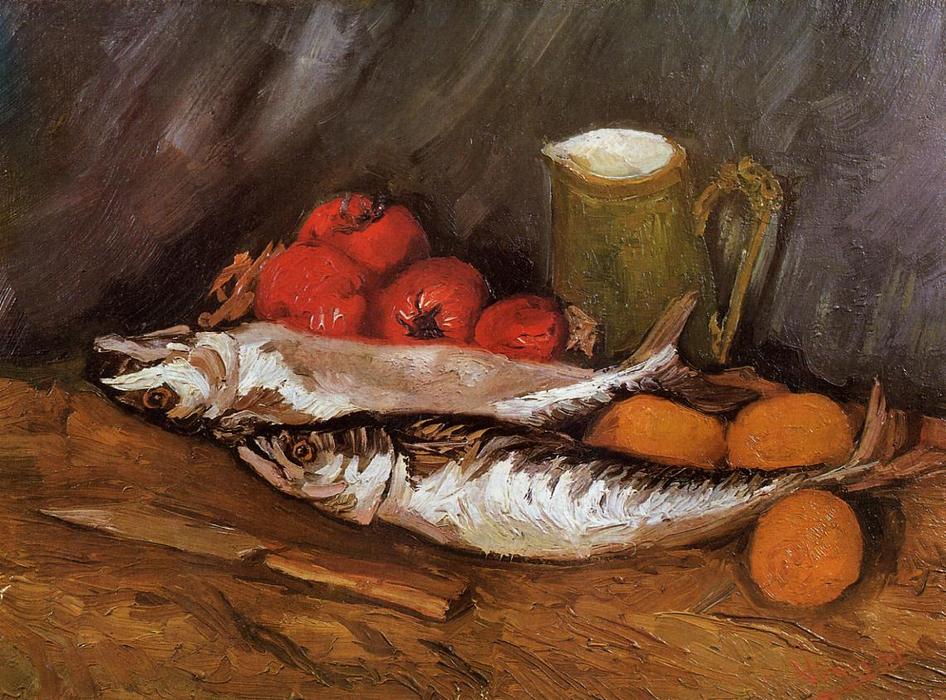 Wikioo.org - The Encyclopedia of Fine Arts - Painting, Artwork by Vincent Van Gogh - Still Life with Mackerels, Lemons and Tomatoes