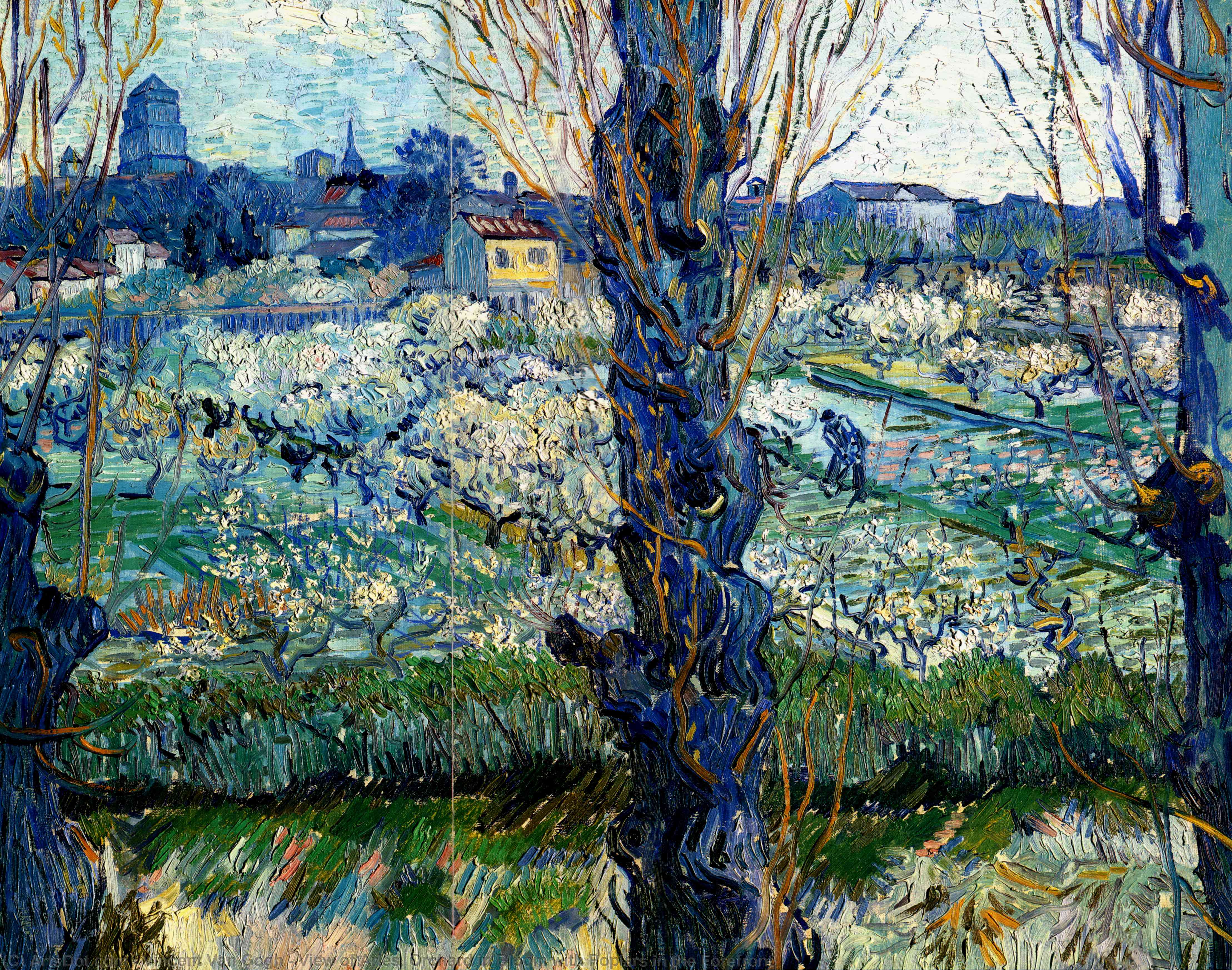 Wikoo.org - موسوعة الفنون الجميلة - اللوحة، العمل الفني Vincent Van Gogh - View of Arles. Orchard in Bloom with Poplars in the Forefront