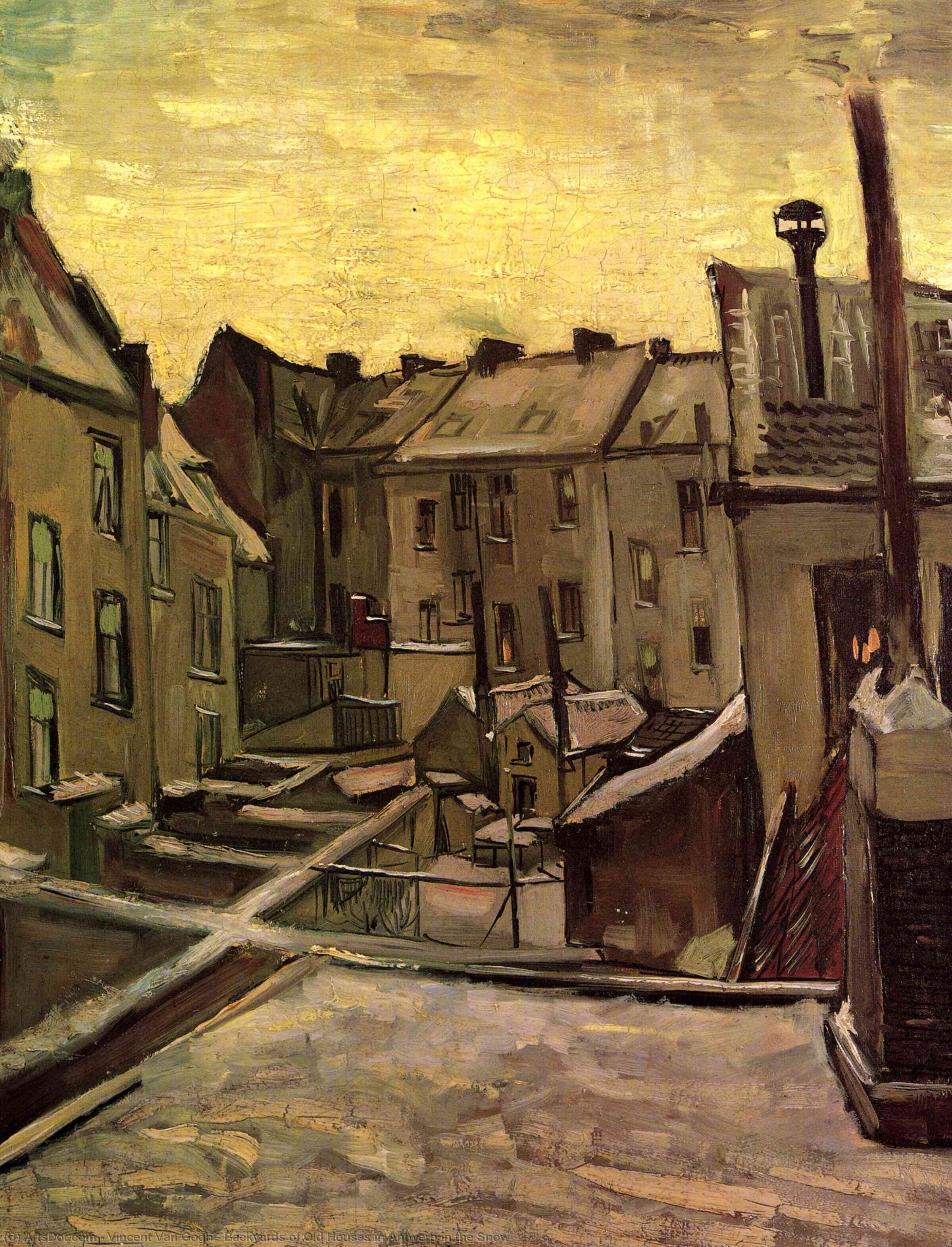 Wikoo.org - موسوعة الفنون الجميلة - اللوحة، العمل الفني Vincent Van Gogh - Backyards of Old Houses in Antwerp in the Snow