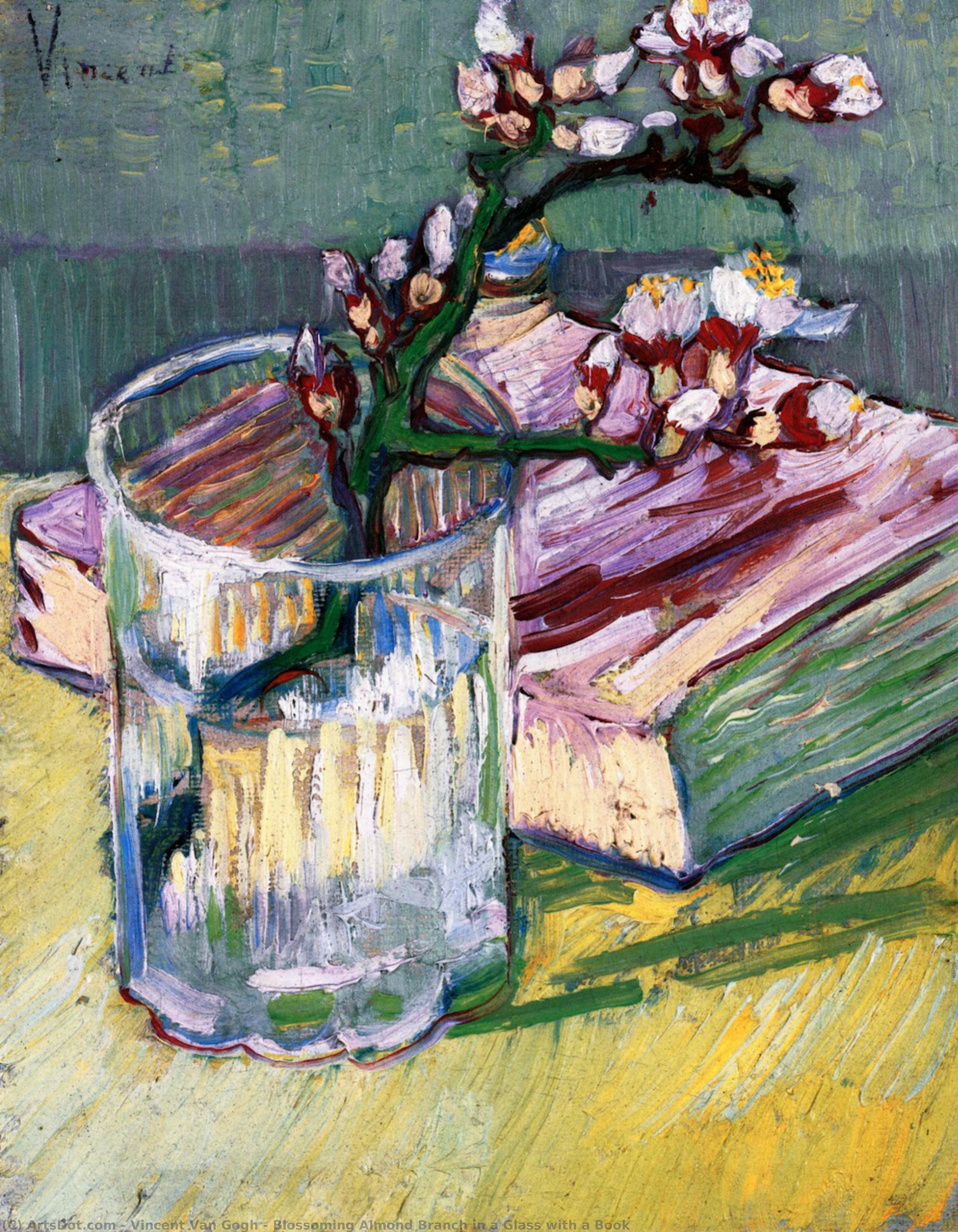 Wikioo.org – L'Encyclopédie des Beaux Arts - Peinture, Oeuvre de Vincent Van Gogh - branche d'amandier en fleurs dans un verre avec un livre
