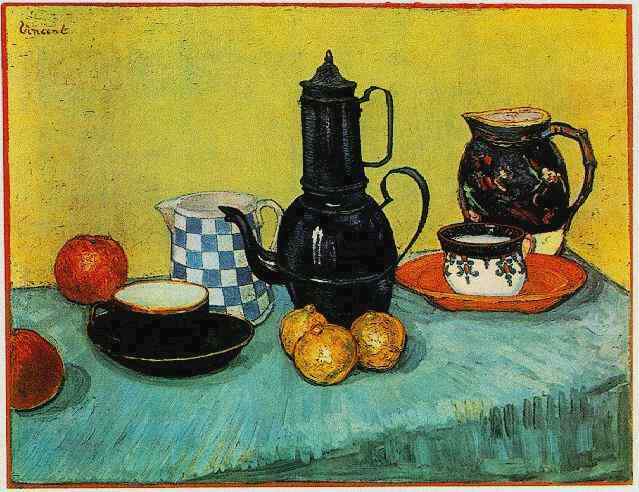Wikioo.org – L'Encyclopédie des Beaux Arts - Peinture, Oeuvre de Vincent Van Gogh - bleue émail  cafetière  en terre cuite  et  fruits