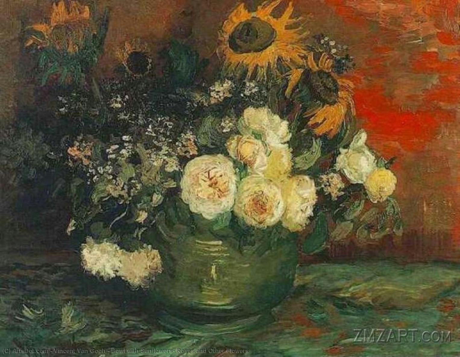 WikiOO.org - Encyclopedia of Fine Arts - Lukisan, Artwork Vincent Van Gogh - Bowl with Sunflowers, Roses and Other Flowers