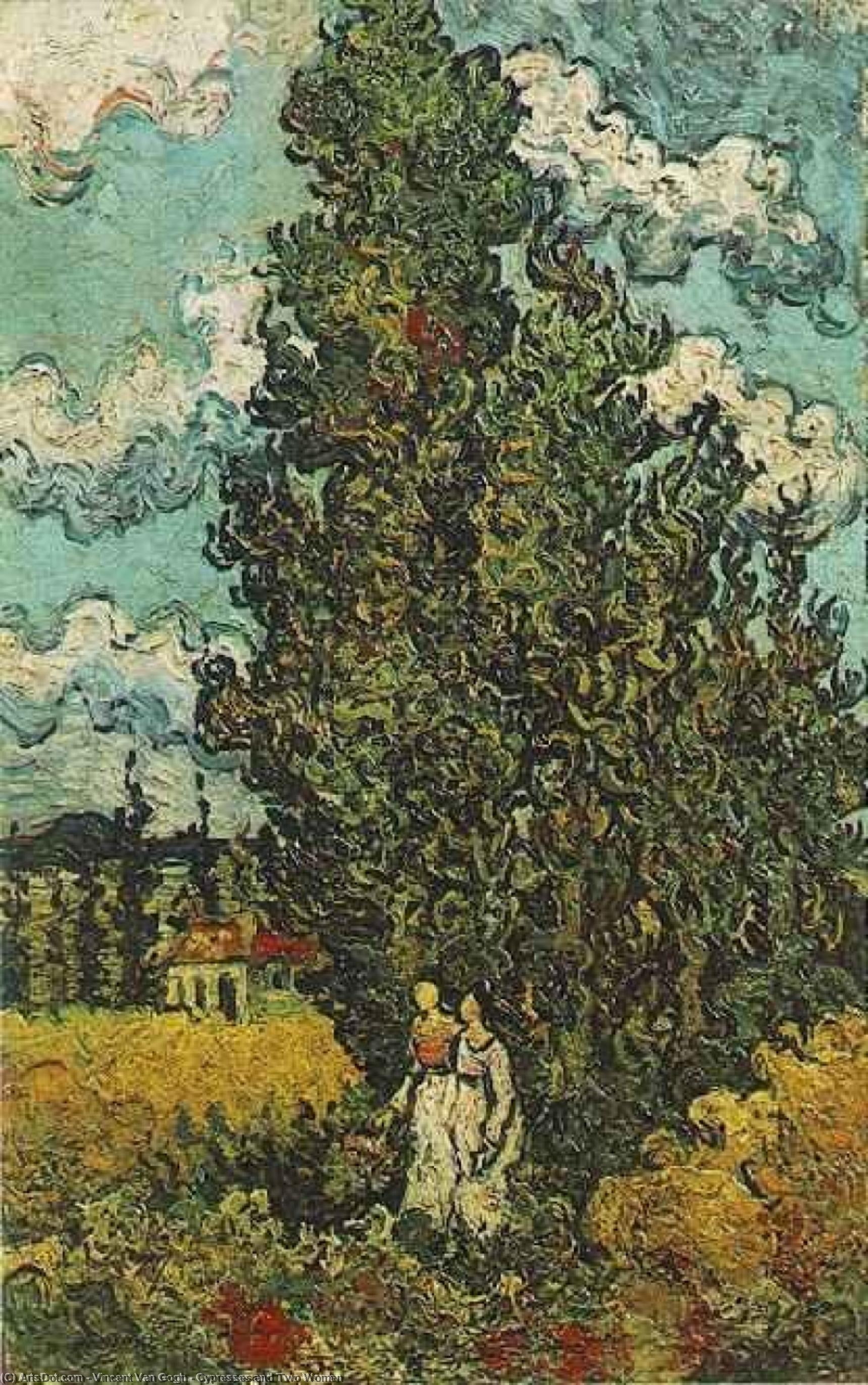 Wikioo.org - The Encyclopedia of Fine Arts - Painting, Artwork by Vincent Van Gogh - Cypresses and Two Women